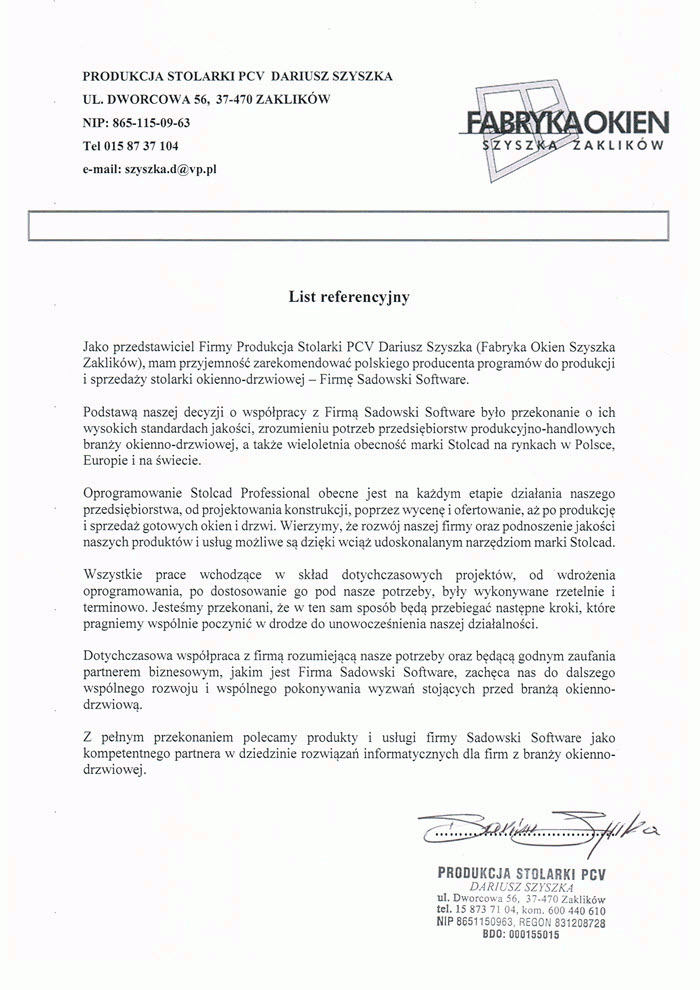 Рекомендация от компании PRODUKCJA STOLARKI PVC DARIUSZ SZYSZKAReferencja od Firmy 2